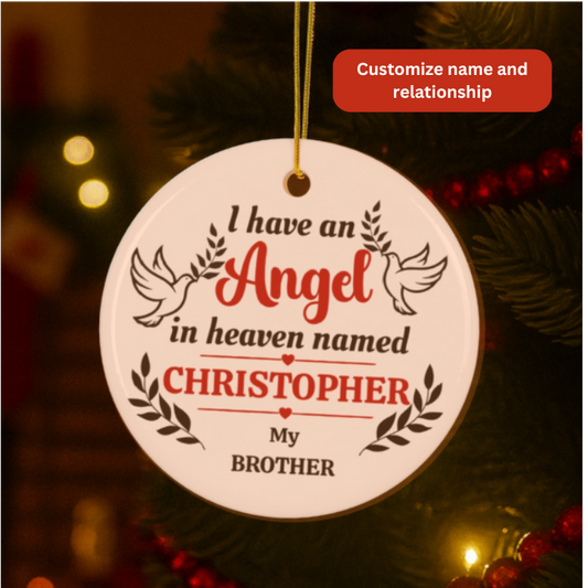 Angel Ceramic Ornament, Keepsake Gift of your LOVED One with PERSONALIZATION (Doves and Wings)