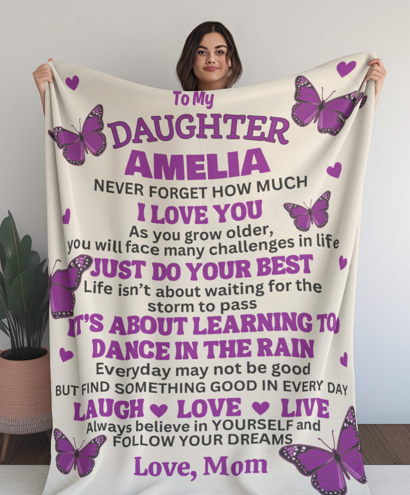 To My Daughter, Never Forget How Much I Love You with Butterflies - Personalized Blanket