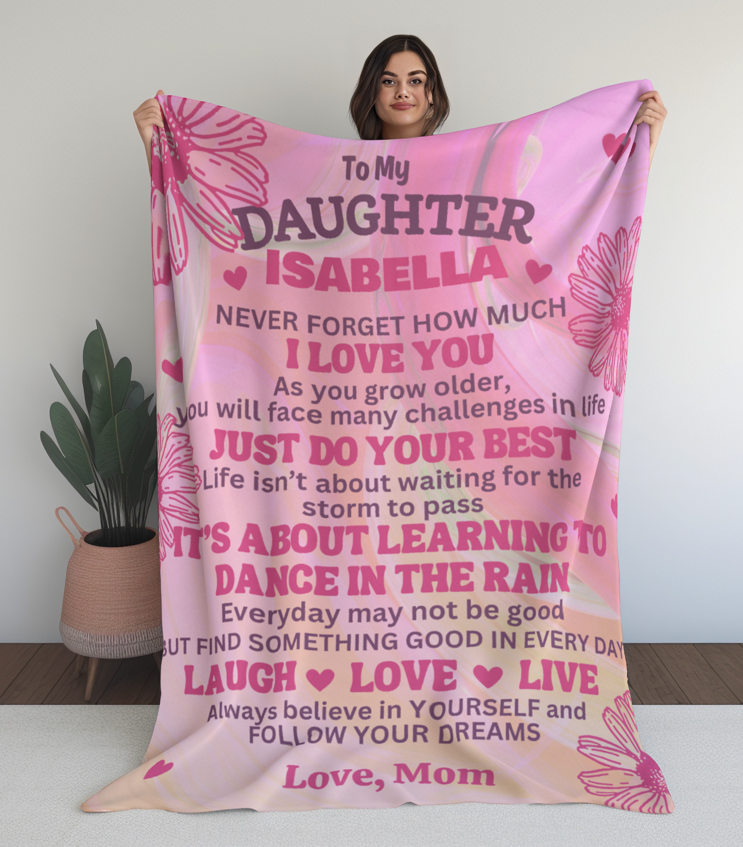 To My Daughter, Never Forget How Much I Love You with Flowers - Personalized Blanket