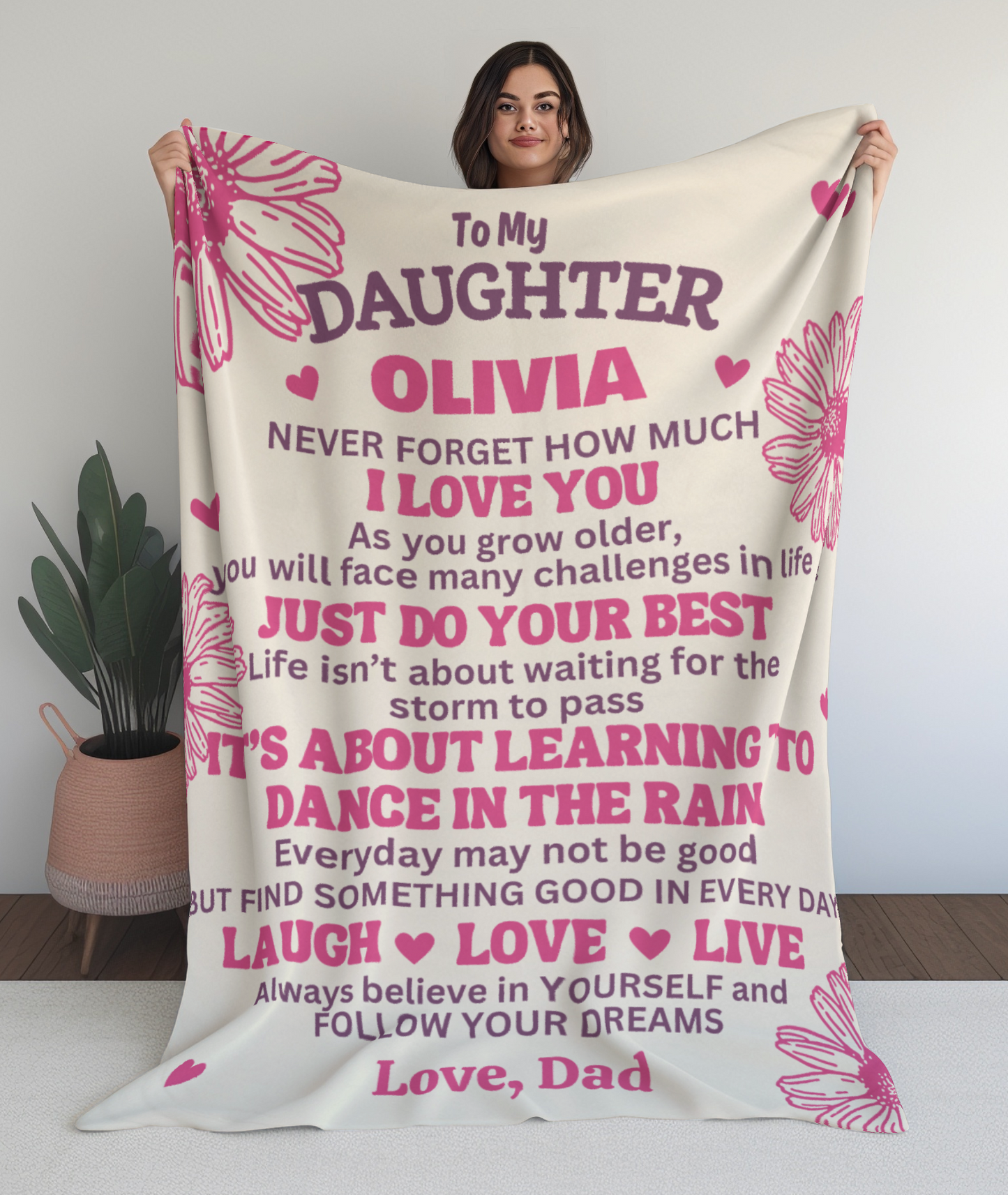 To My Daughter, Never Forget How Much I Love You with Flowers - Personalized Blanket